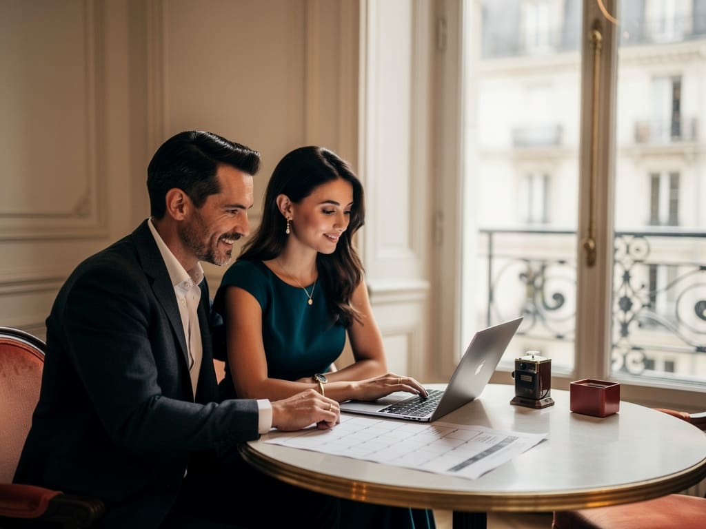 Un couple prépare sa soirée à Paris autour d’un calendrier et d’un ordinateur
